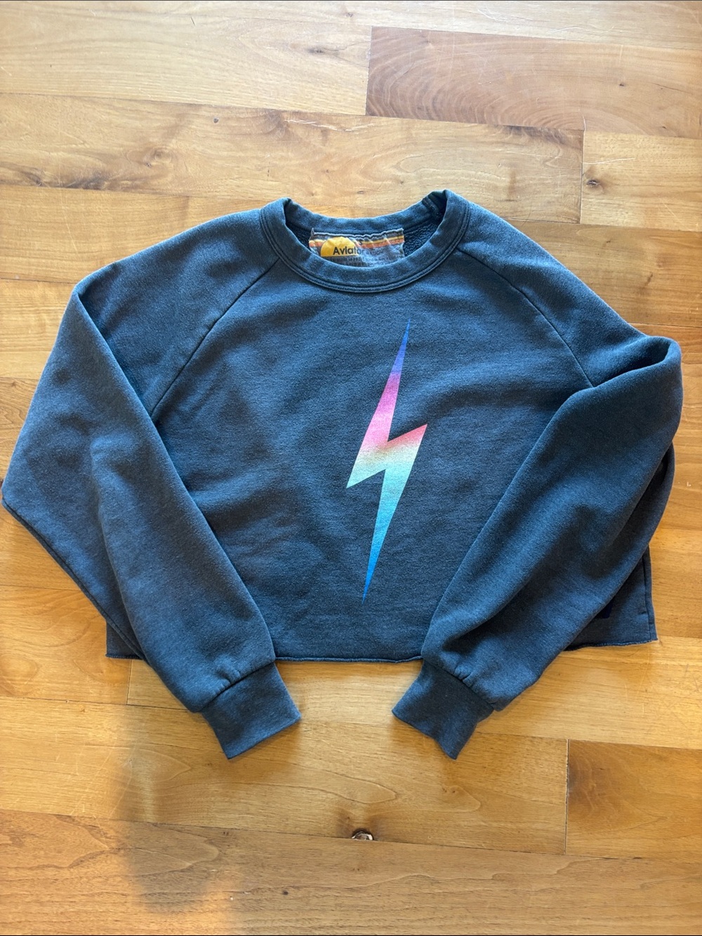 Aviator Nation Gray Cropped Comfy Sweatshirt with Classic AN Lightning Bolt